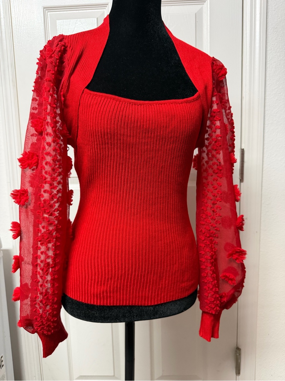 Red Ribbed Knit Top w/ Sheer Textured Statement Sleeves – Size M